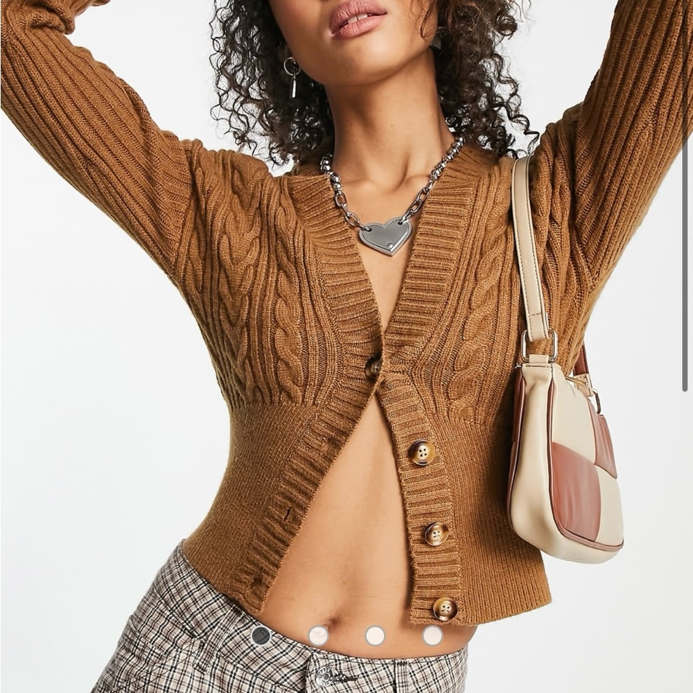 Bershka cable knit cropped cardigan in camel